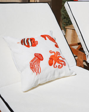 Square Cushion – White Raffia with Orange Fish Embroidery