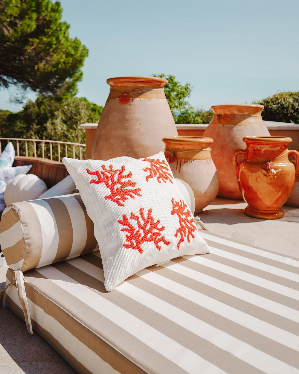 Square Cushion – White Raffia with Coral-Orange Embroidery