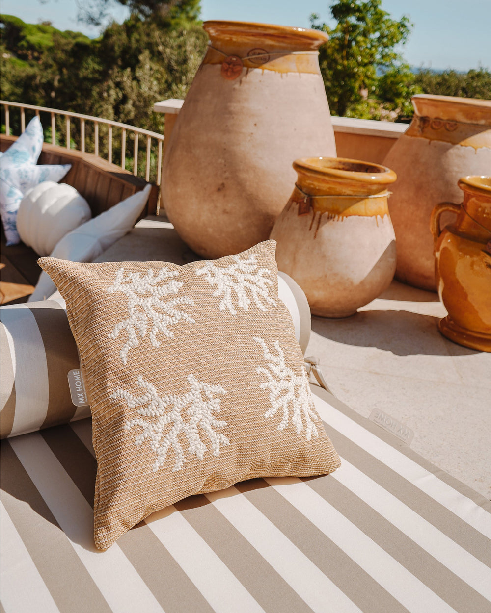 Square Cushion – Beige Raffia with White Coral Embroidery