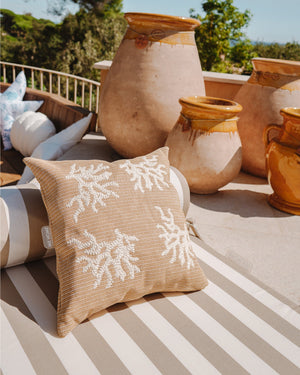 Square Cushion – Beige Raffia with White Coral Embroidery