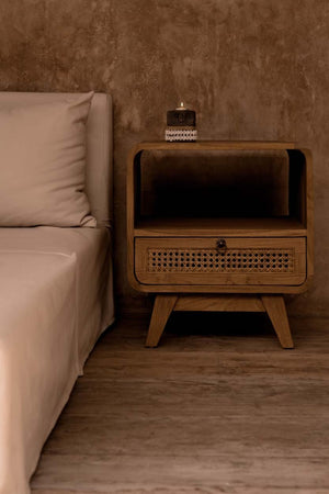 Teak Wood & Rattan Nightstand – Natural Finish