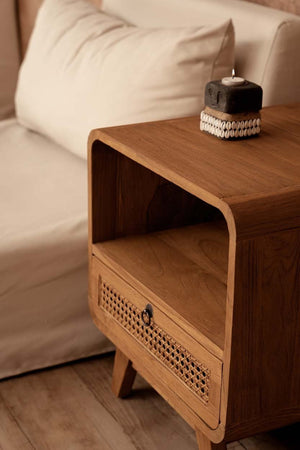 Teak Wood & Rattan Nightstand – Natural Finish