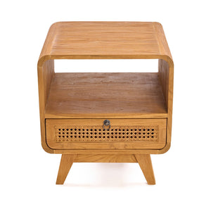 Teak Wood & Rattan Nightstand – Natural Finish