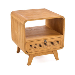 Teak Wood & Rattan Nightstand – Natural Finish