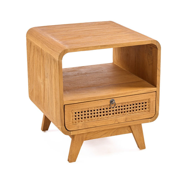 Teak Wood & Rattan Nightstand – Natural Finish