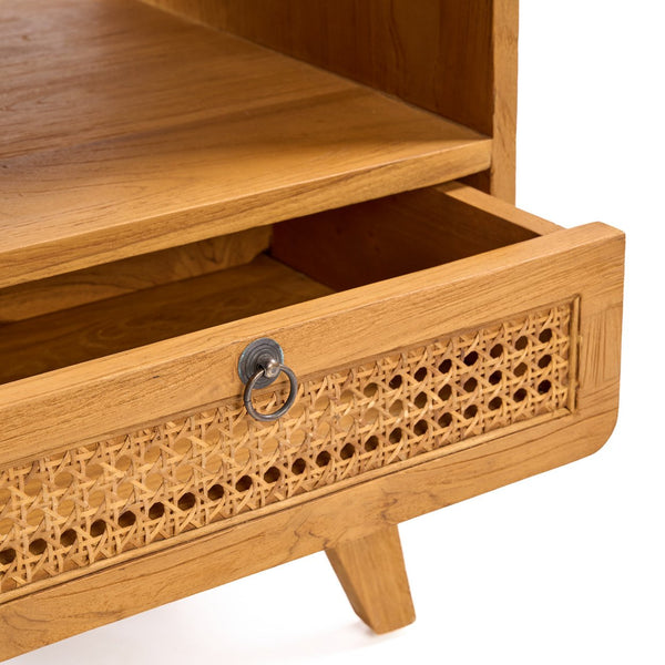 Teak Wood & Rattan Nightstand – Natural Finish