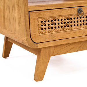 Teak Wood & Rattan Nightstand – Natural Finish