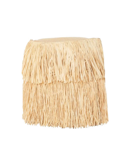 Round outdoor stool - beige raffia with fringes