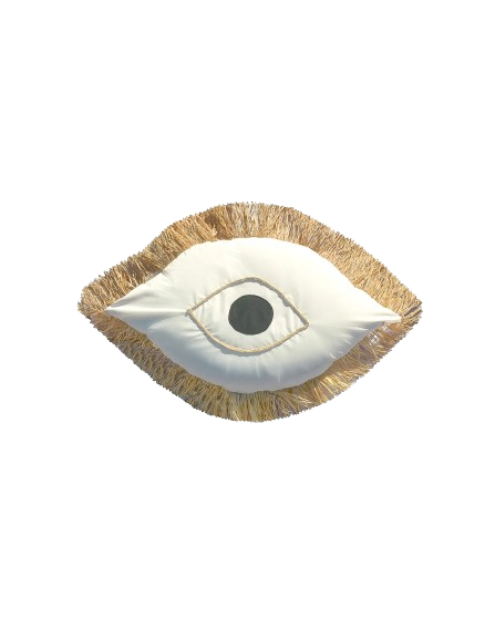 Greek Eye Cushion – White Fabric with Raffia Fringes