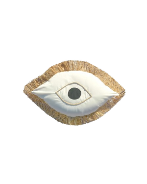 Greek Eye Cushion – White Fabric with Raffia Fringes