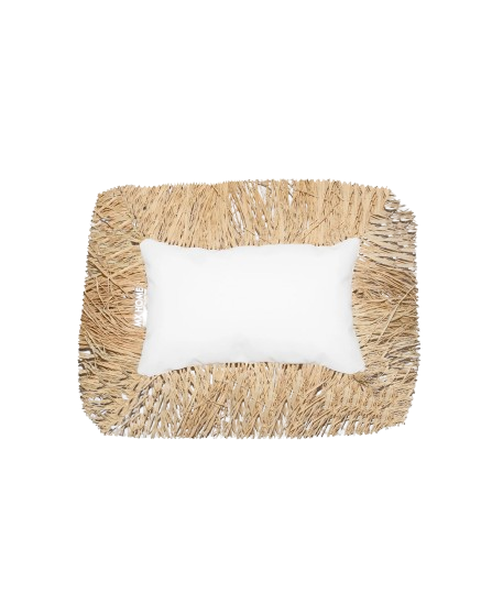 Rectangular Cushion – White Honeycomb with Raffia Fringes