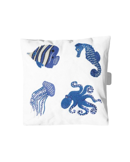 Square Cushion – White Raffia with Blue Fish Embroidery