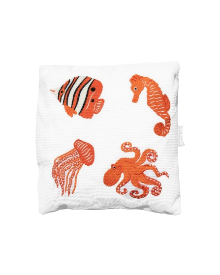Square Cushion – White Raffia with Orange Fish Embroidery