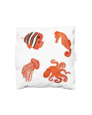 Square Cushion – White Raffia with Orange Fish Embroidery