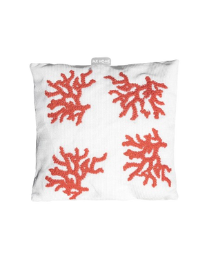 Square Cushion – White Raffia with Coral-Orange Embroidery