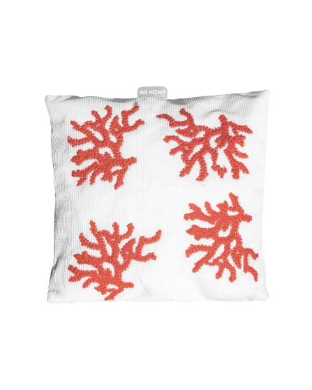 Square Cushion – White Raffia with Coral-Orange Embroidery