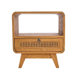 Teak Wood & Rattan Nightstand – Natural Finish