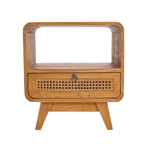 Teak Wood & Rattan Nightstand – Natural Finish