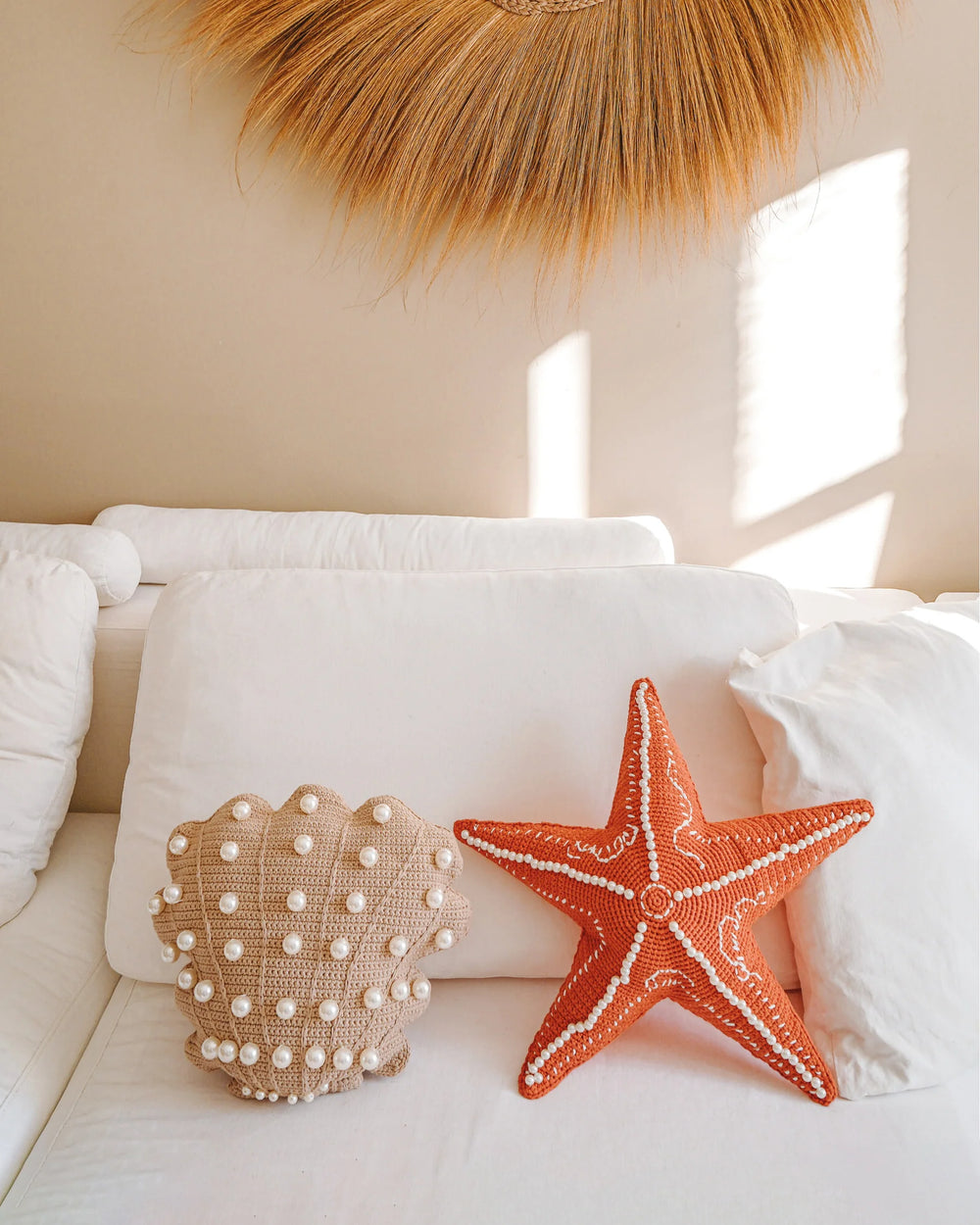Crocheted Shell Cushion – Beige