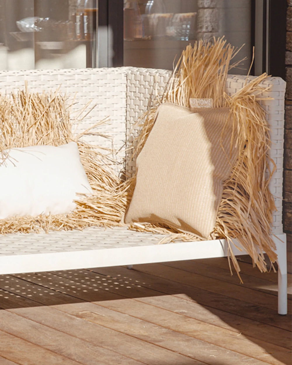 Square Cushion – Beige Raffia with Fringes