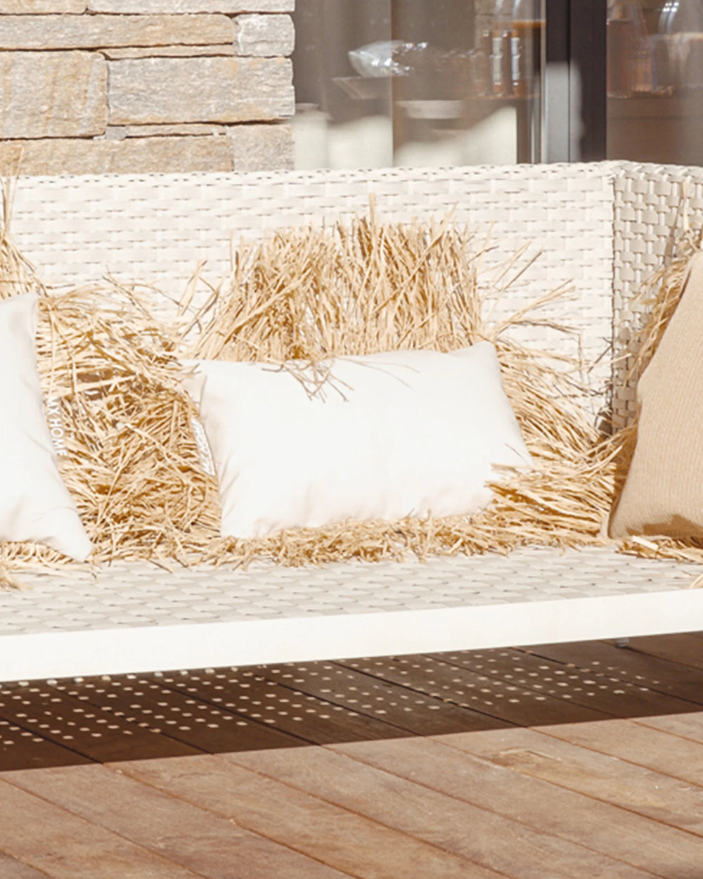 Rectangular Cushion – White Honeycomb with Raffia Fringes