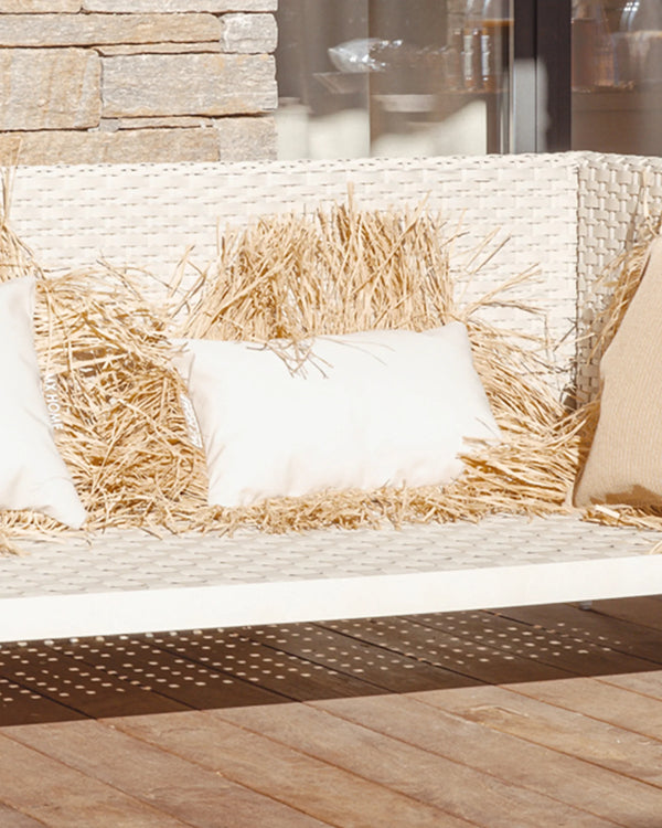 Rectangular Cushion – White Honeycomb with Raffia Fringes