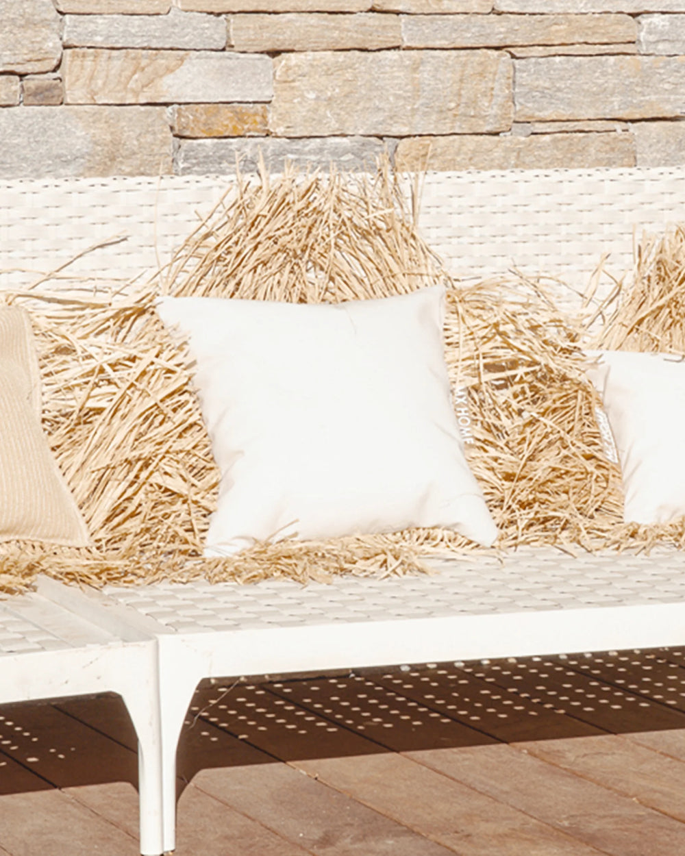 Square Cushion – White Honeycomb with Raffia Fringes